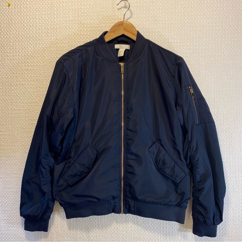 Bomber Cropped Jacket Women’s 8 H&M Navy/Maroon Gold Accents Zip Sleeve Pocket
